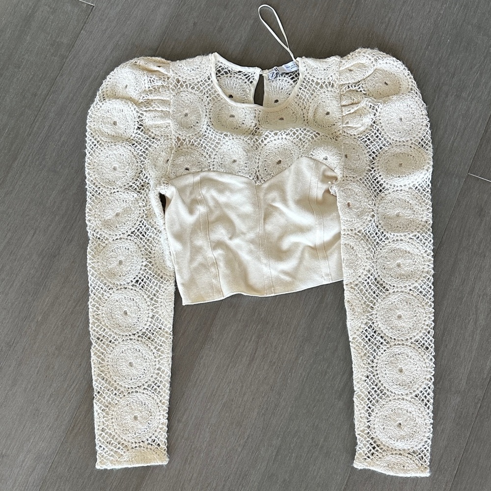 Zara Cream Lace Puff Sleeve Blouse